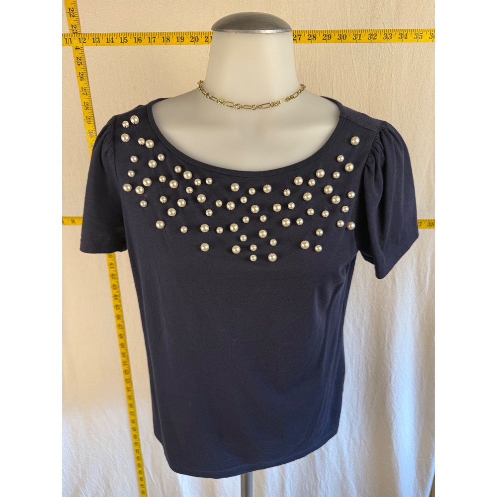 Ann Taylor Pearl Embellished Top Women XS Chic Navy Blue Puff Sleeve Twee Tee